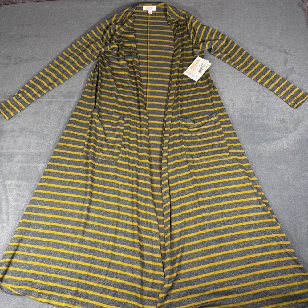 LuLaRoe Sarah Duster Cardigan Womens XS Mustard Yellow Navy Blue Striped Pockets